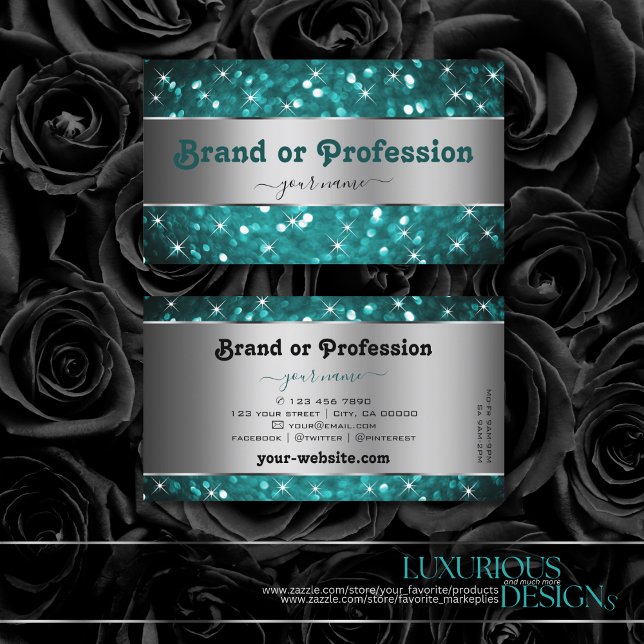 Teal Glitter Sparkle Stars Silver Decor Superb Business Card (Creator Uploaded)