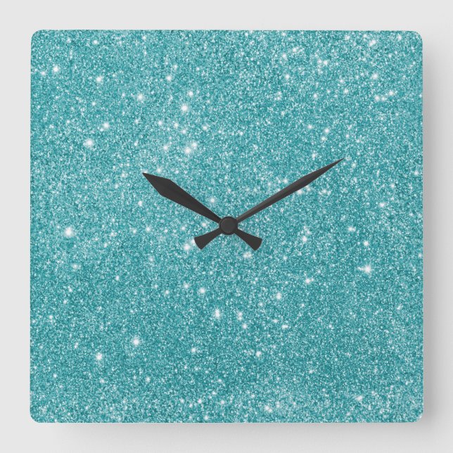 Teal Glitter Sparkles Square Wall Clock (Front)
