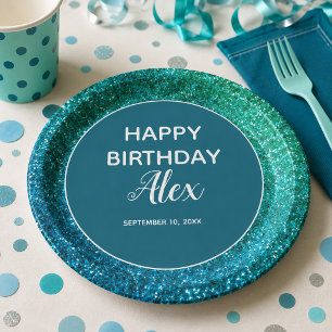 Teal Glitter Surprise Birthday Party Paper Plate