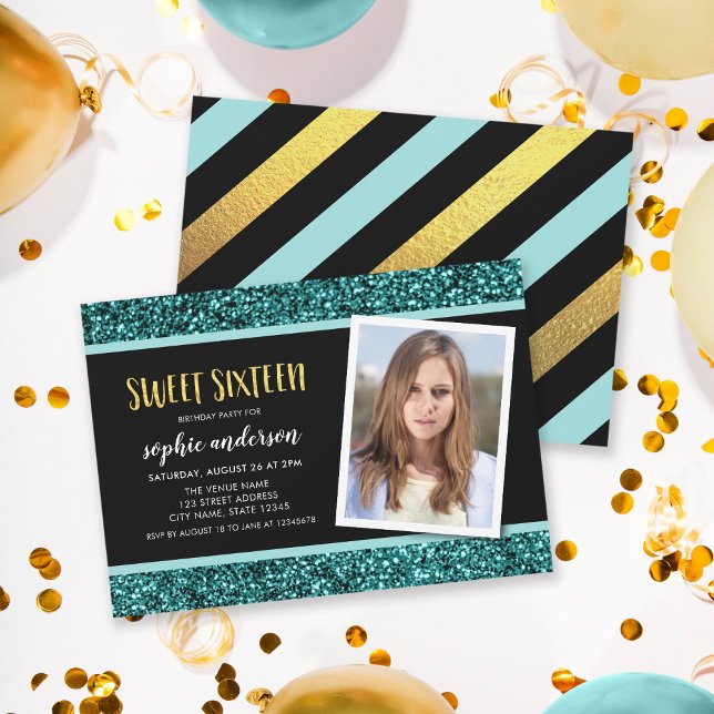 Teal Glitter Sweet 16 Photo Birthday Invitation (Creator Uploaded)