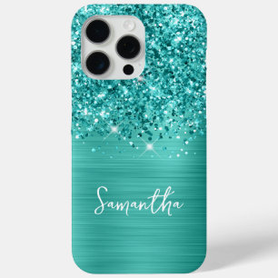 Teal Glitter Turquoise Glam Name iPhone 15 Pro Max Case