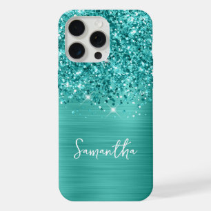 Teal Glitter Turquoise Glam Name iPhone 15 Pro Max Case