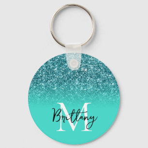 Teal Glitter Turquoise Ombre Monogrammed Key Ring