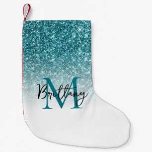 Teal Glitter White Ombre Monogrammed Small Christmas Stocking