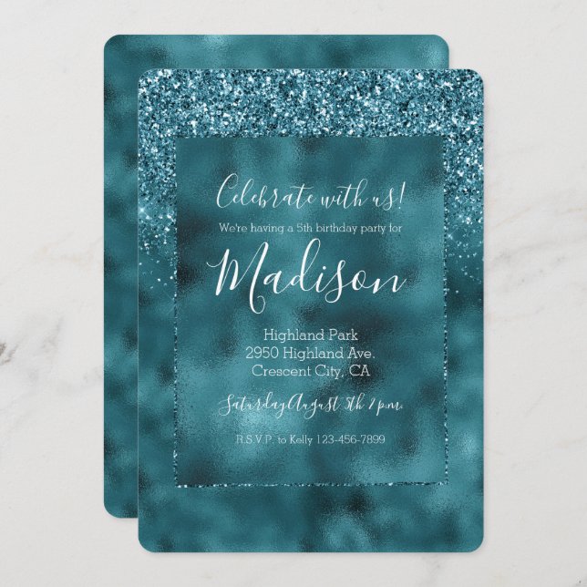 Teal Glitz Glitter Glam Invitation (Front/Back)