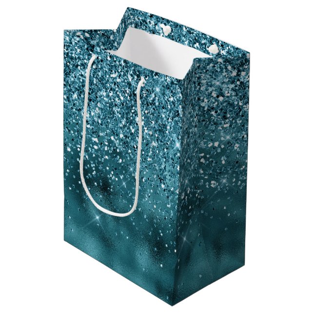 Teal Glitz Glitter Glam Medium Gift Bag (Front Angled)