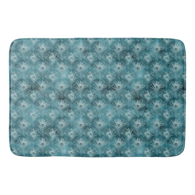 Teal Glitzy Glam Peacock Feathers Bath Mat (Front)