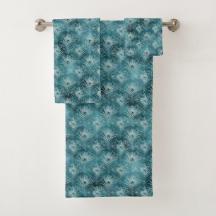 Teal Glitzy Glam Peacock Feathers Bath Towel Set