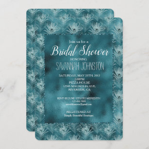 Teal Glitzy Glam Peacock Feathers Bridal Shower Invitation