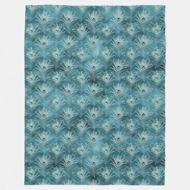 Teal Glitzy Glam Peacock Feathers Fleece Blanket (Front)