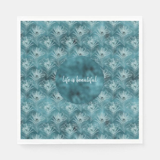Teal Glitzy Glam Peacock Feathers Napkin (Front)