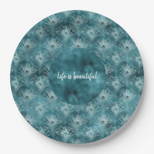 Teal Glitzy Glam Peacock Feathers Paper Plate