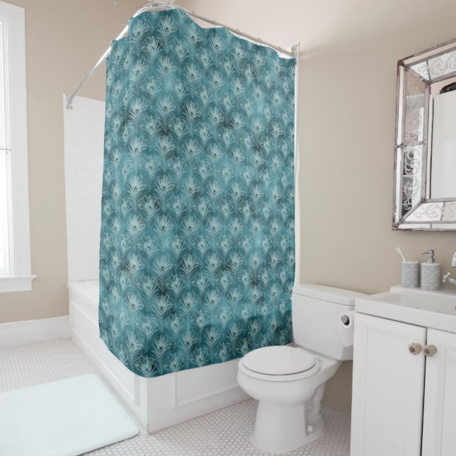 Teal Glitzy Glam Peacock Feathers Shower Curtain (In Situ)