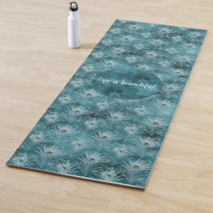 Teal Glitzy Glam Peacock Feathers Yoga Mat