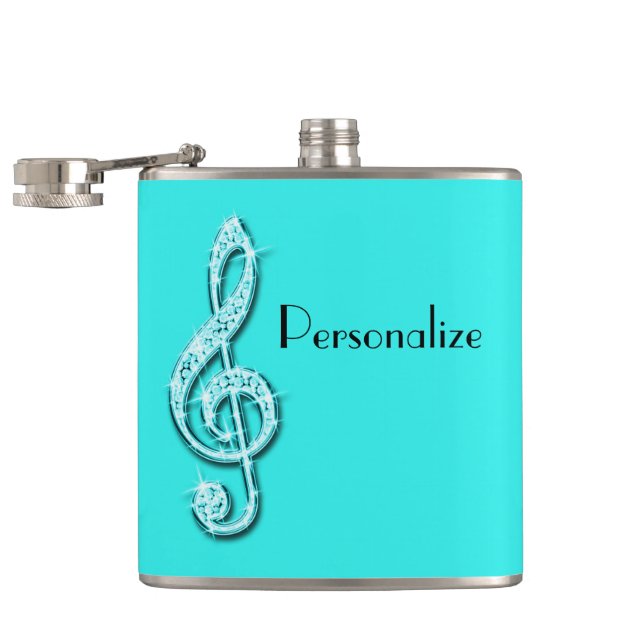 Teal Glitzy Sparkly Music Notes Hip Flask (Opened)