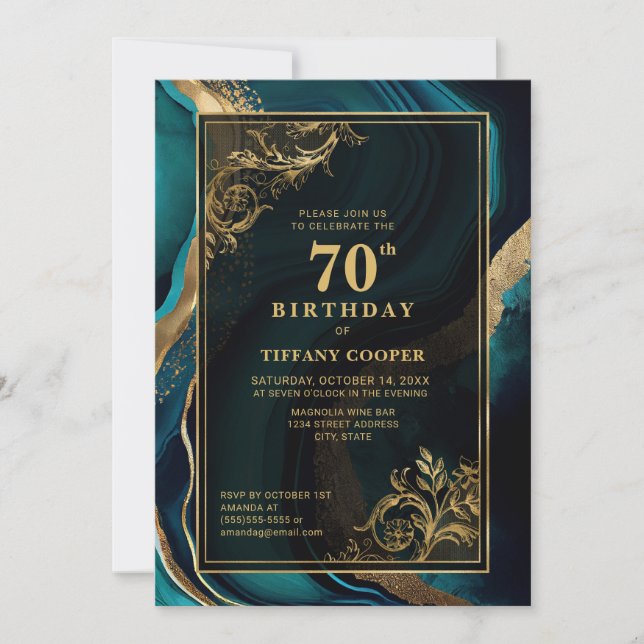Teal Gold 70th Birthday Party Invitation (Front)