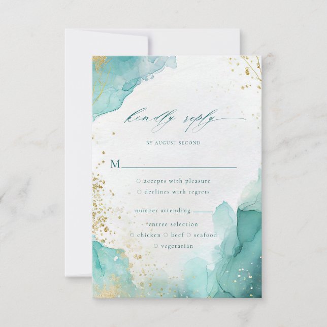 Teal Gold Abstract Beach Wedding Meal Options RSVP Card (Front)