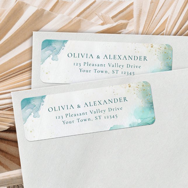 Teal Gold Abstract Beach Wedding Return Address Label (Creator Uploaded)