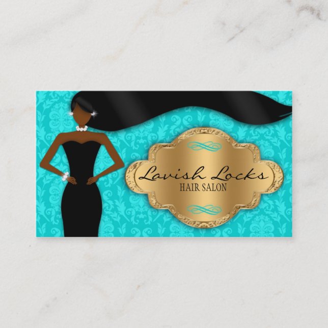 Teal Gold African American Hair Stylist Salon Business Card (Front)