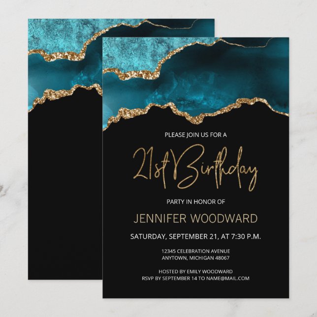 Teal Gold Agate 21st Birthday Party Invitation (Front/Back)