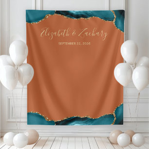 Teal Gold Agate Border Rust Wedding Photo Booth Tapestry