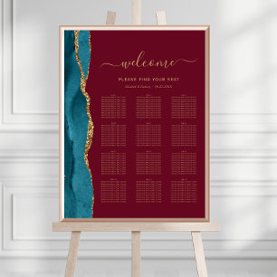 Teal Gold Agate Burgundy 12-Table Wedding Seating Poster
