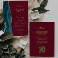Teal Gold Agate Burgundy Red QR Code Wedding