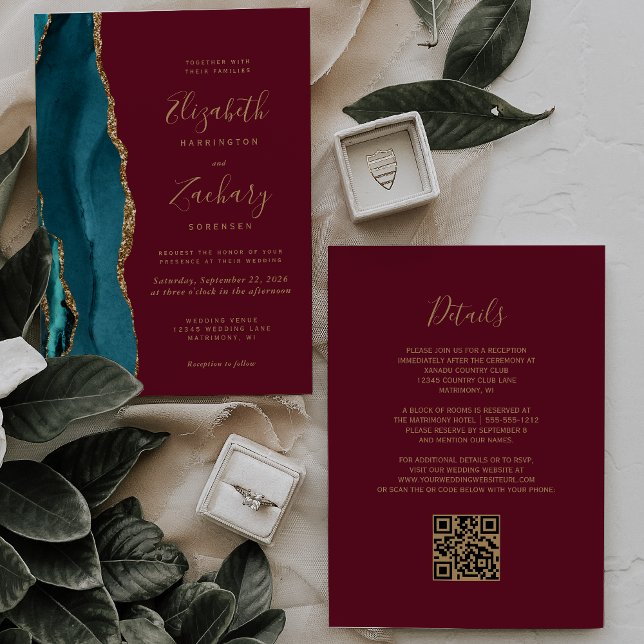 Teal Gold Agate Burgundy Red QR Code Wedding Invitation (Creator Uploaded)