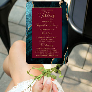 Teal Gold Agate Burgundy Wedding Program Hand Fan