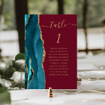 Teal Gold Agate Burgundy Wedding Table Number<br><div class="desc">The left-hand edge of this elegant modern wedding table number card features a teal watercolor agate border trimmed with faux gold glitter. The word "table" appears in gold-coloured handwriting script on a burgundy red background. Add the names of your guests who are assigned to each table.</div>