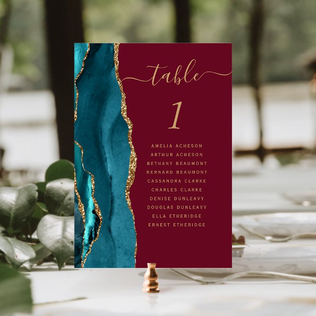 Teal Gold Agate Burgundy Wedding Table Number (Creator Uploaded)