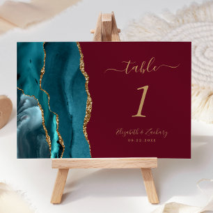 Teal Gold Agate Burgundy Wedding Table Number