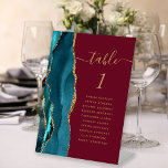 Teal Gold Agate Burgundy Wedding Table Number Pedestal Sign<br><div class="desc">The left-hand edge of this elegant modern wedding table number pedestal features a teal blue watercolor agate border trimmed with faux gold glitter. The word "table" appears in whimsical gold-coloured script on a burgundy red background. Add the names of your guests who are assigned to each table.</div>
