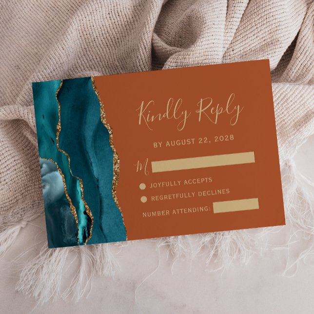 Teal Gold Agate Burnt Orange Wedding RSVP Card (Creator Uploaded)