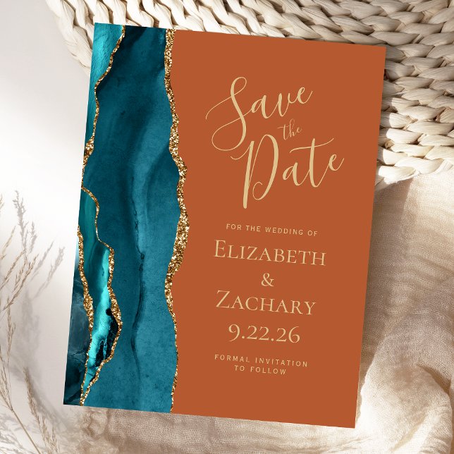Teal Gold Agate Burnt Orange Wedding Save the Date Announcement Postcard (Creator Uploaded)