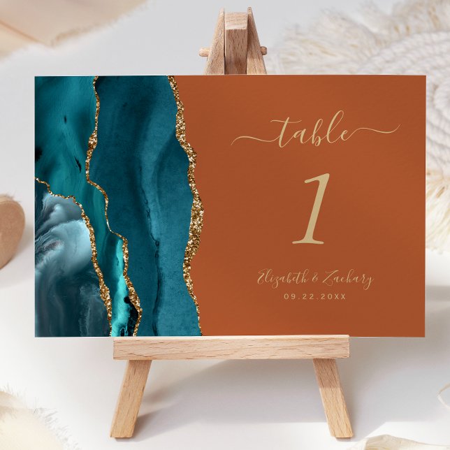 Teal Gold Agate Burnt Orange Wedding Table Number (Creator Uploaded)