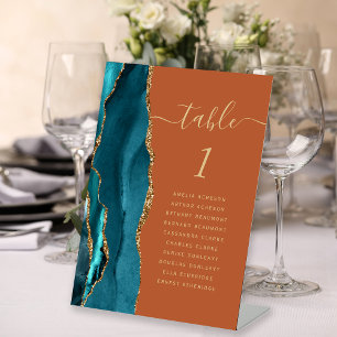 Teal Gold Agate Burnt Orange Wedding Table Number Pedestal Sign