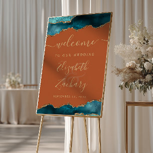 Teal Gold Agate Burnt Orange Wedding Welcome Poster