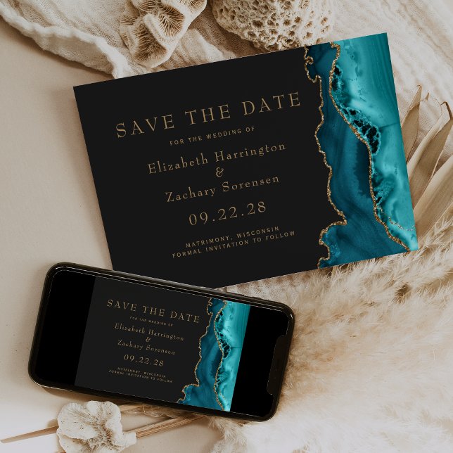 Teal Gold Agate Dark Save the Date Invitation (Creator Uploaded)