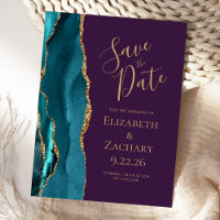 Teal Gold Agate Deep Purple Wedding Save the Date