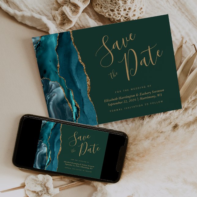 Teal Gold Agate Emerald Green Save the Date Invitation (Creator Uploaded)