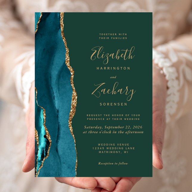 Teal Gold Agate Emerald Green Wedding Invitation (Creator Uploaded)