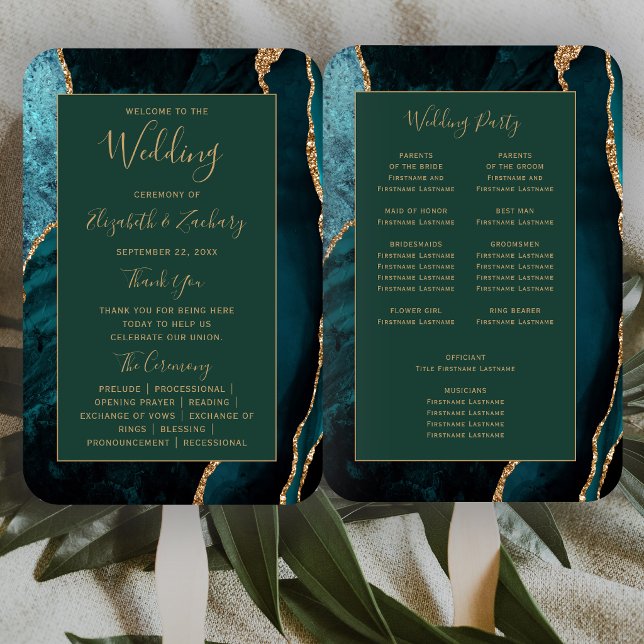 Teal Gold Agate Emerald Green Wedding Program Hand Fan (Creator Uploaded)