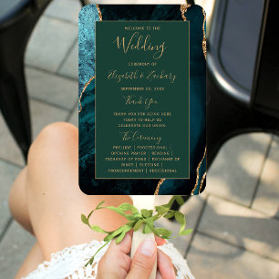 Teal Gold Agate Emerald Green Wedding Program Hand Fan