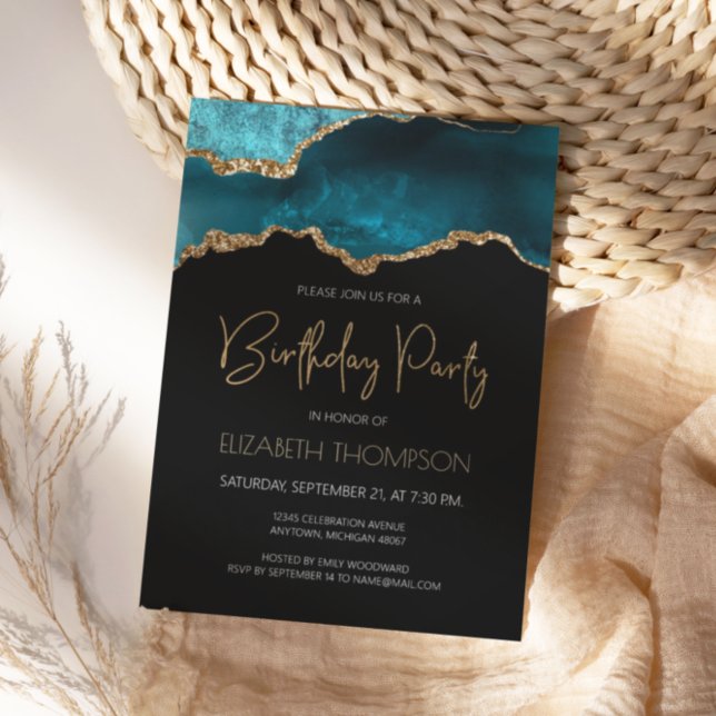 Teal Gold Agate Geode Any Year Birthday Party Invitation (Creator Uploaded)