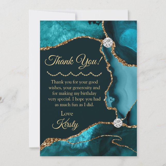 Teal Gold Agate Geode Birthday Thank You Card (Front)