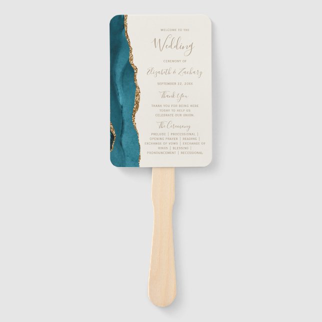 Teal Gold Agate Ivory Wedding Program Hand Fan (Front)
