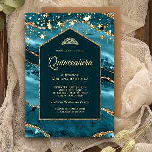 Teal Gold Agate Marble Arch Quinceanera Invitation