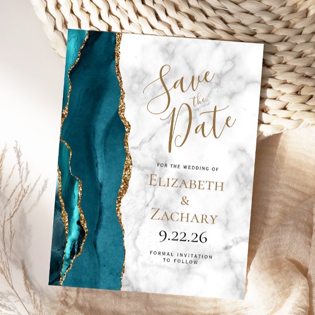 Teal Gold Agate Marble Save the Date Announcement Postcard (Creator Uploaded)