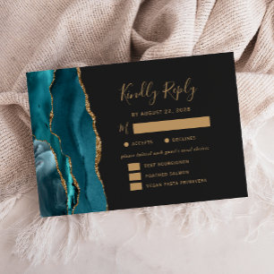 Teal Gold Agate Meal Options Dark Wedding RSVP Card